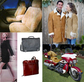 Shearling coats, sheepskin jackets, Latico leather backpacks, sheepskin motorcycle seat covers, purses and sheepskin seat covers.