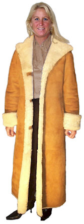 Ladies Full Length Hooded Shearling Coat from VillageShop.com