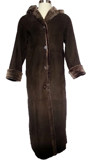 Full Length Hooded Shearling Coat in brown blist