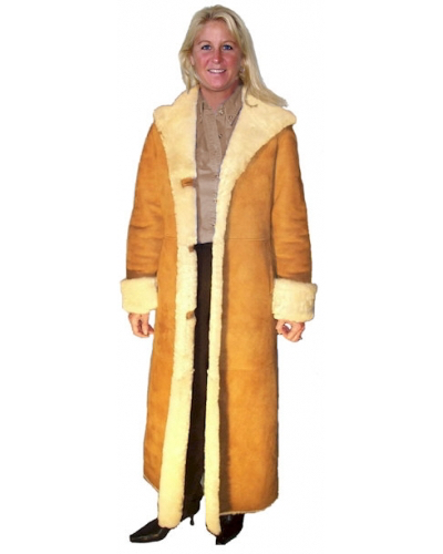 Full Length Hooded Shearling Coat in Tan