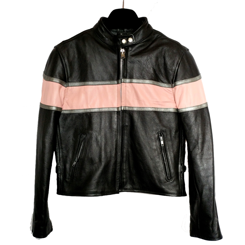 Ladies Pink Stripe Leather Jacket on Sale