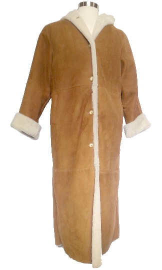 Full Length Hooded Shearling Coat in Spanish Tan