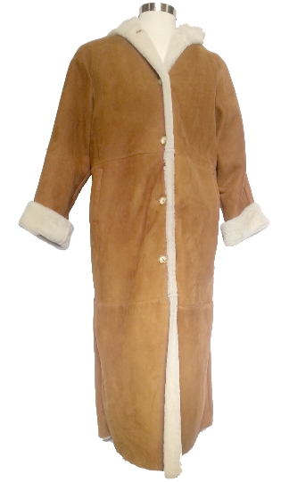 Full Length Hooded Shearling Coat in Spanish Tan